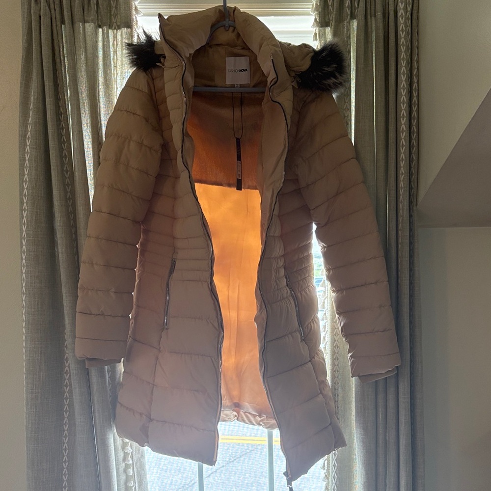 Fashion Nova Women's Long Puffer Coat with Faux Fur Hood - Tan
